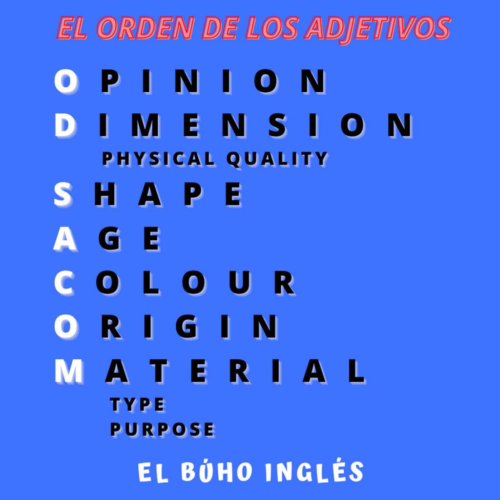 Regla mnemotécnica para aprender el orden de los adjetivos en inglés